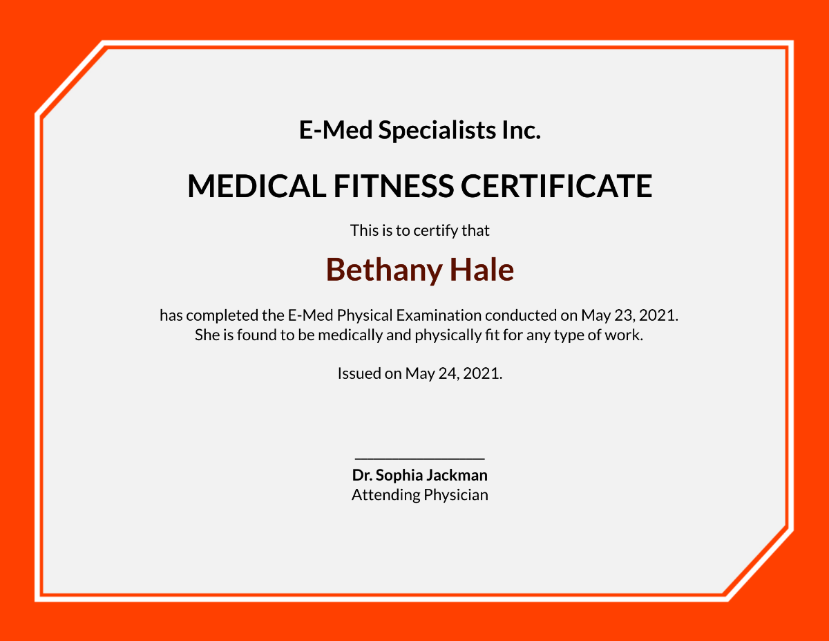 Medical Fitness Sample Certificate Template