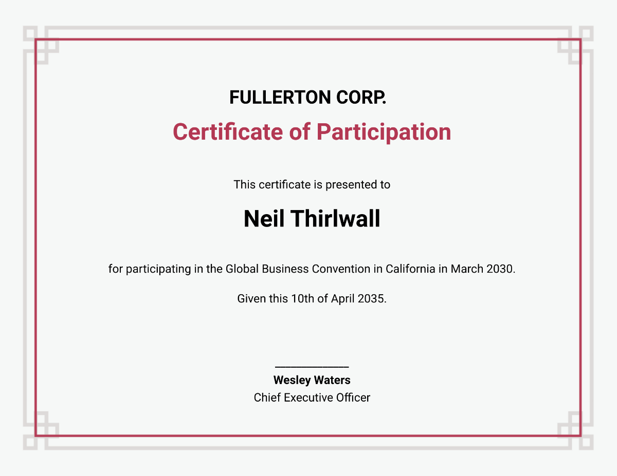 Sample Participation Certificate Template