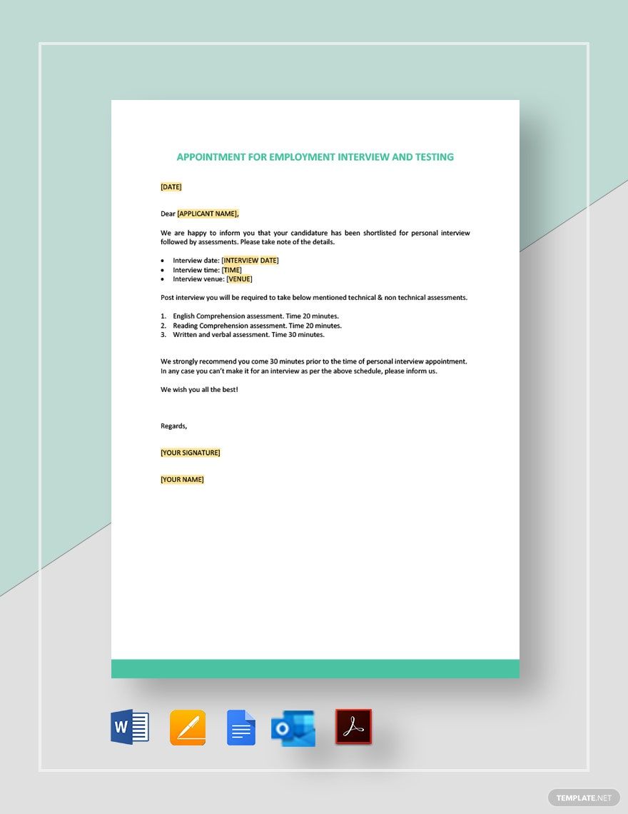 Appointment For Employment Interview And Testing Template