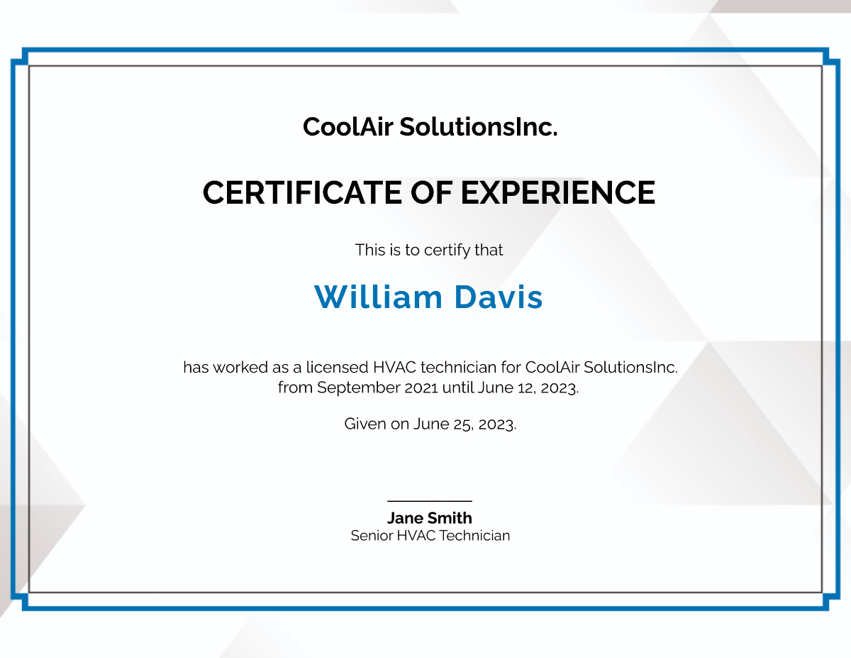 HVAC Experience Certificate
