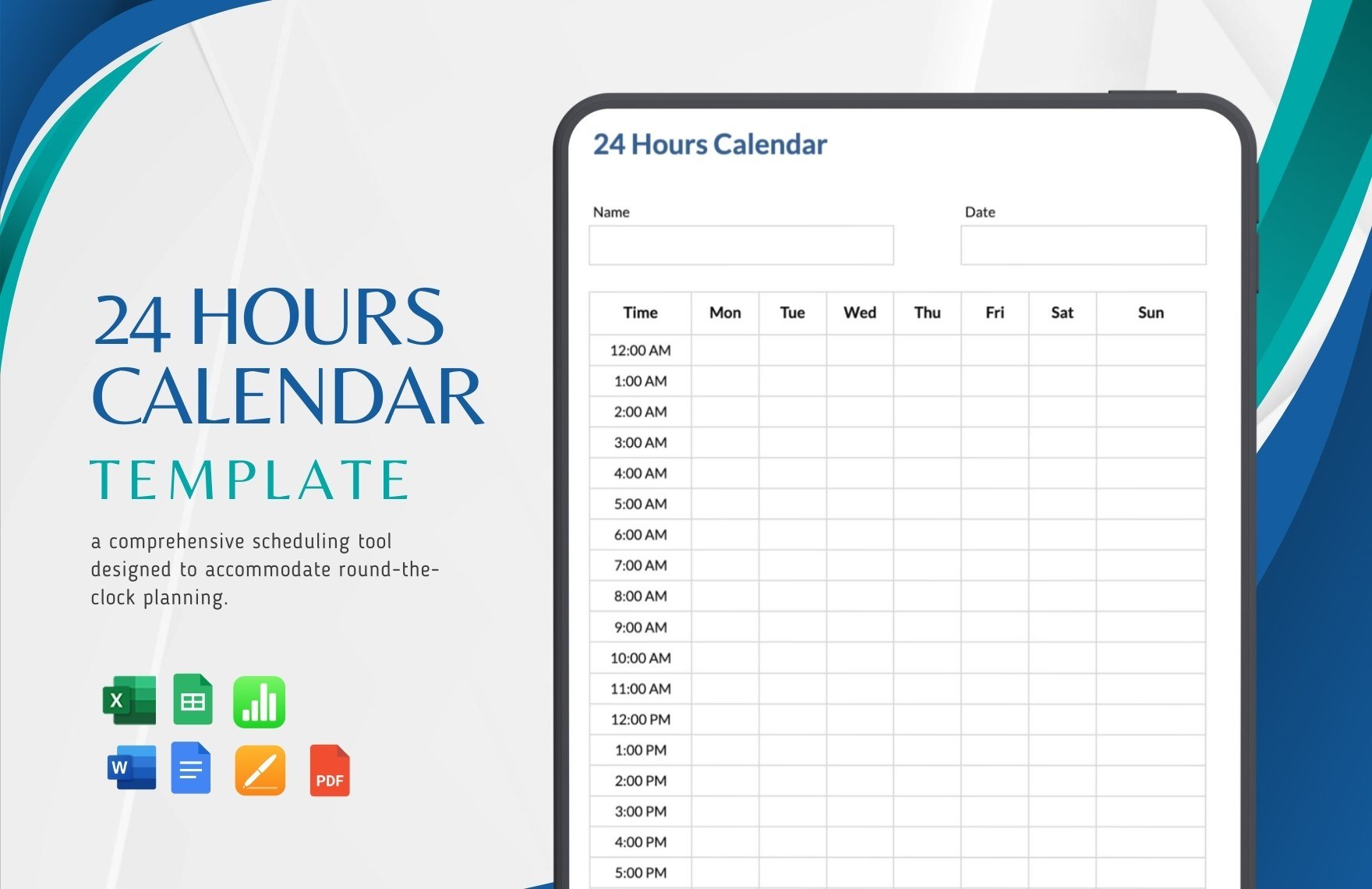24 Hours Calendar Template in Word, Google Docs, Excel, Google Sheets, Apple Pages, Apple Numbers