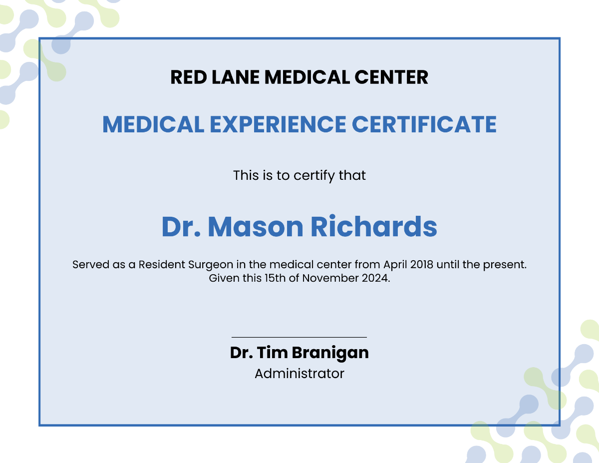 Medical Experience Certificate Template