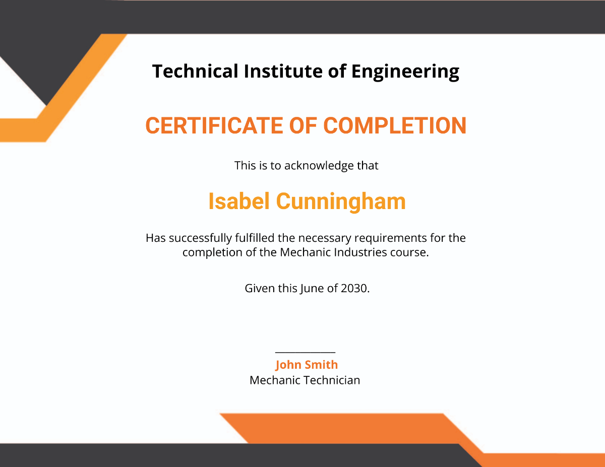 Mechanic Course Completion Certificate