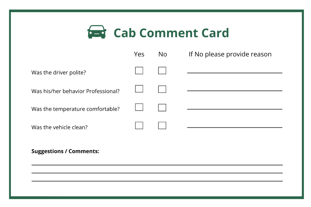 Free Cab Comment Card Template