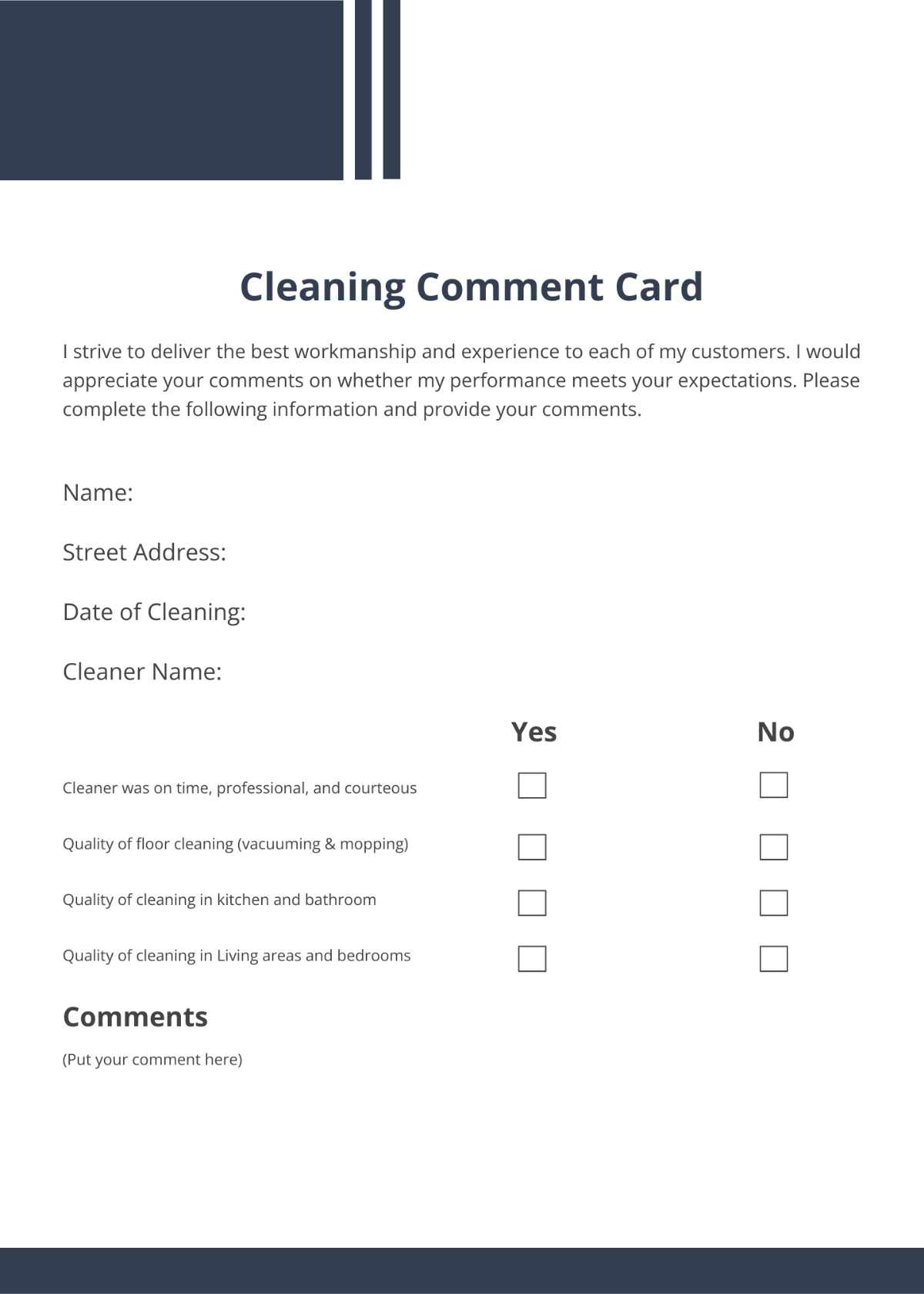Free Cleaning Comment Card Template