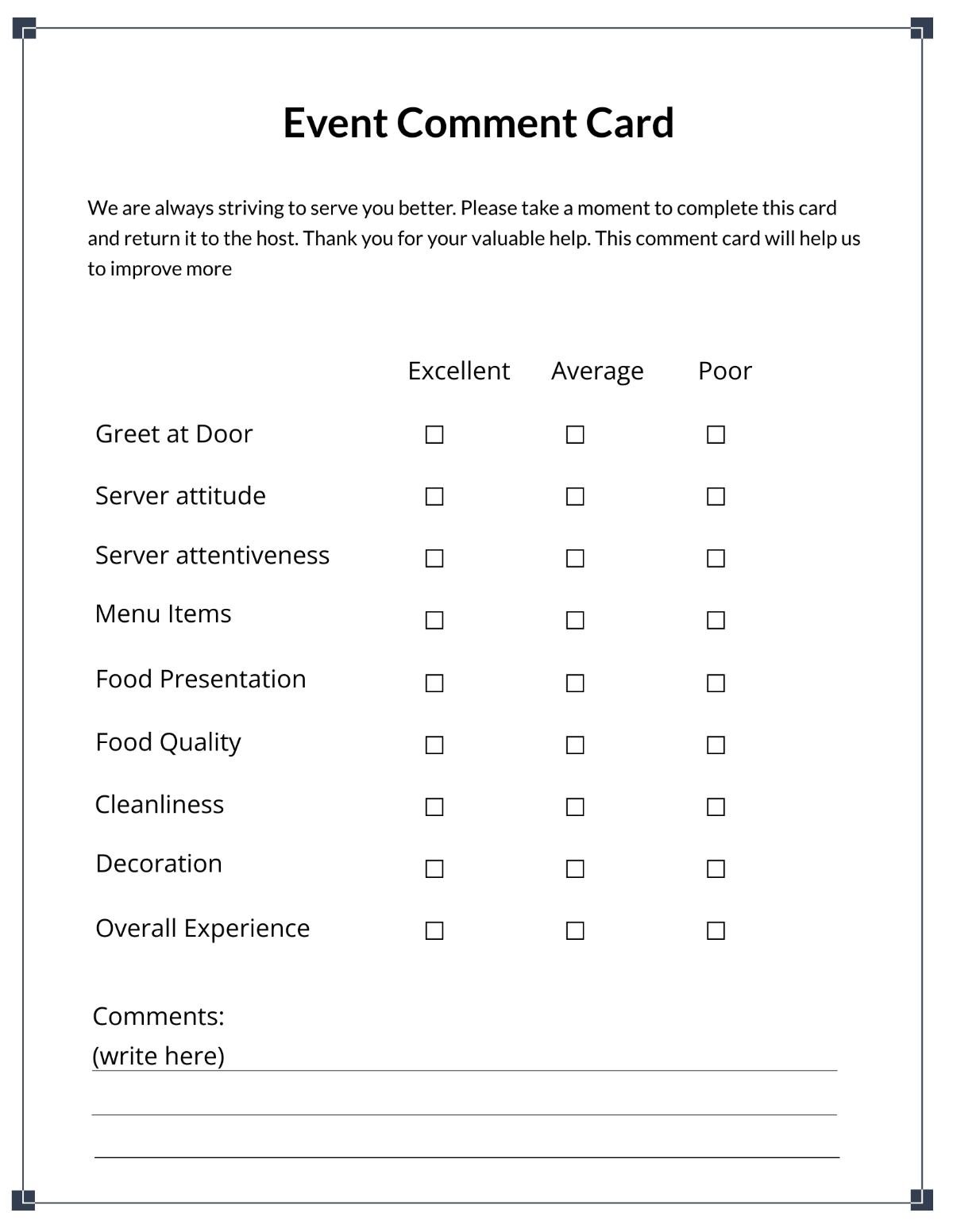 Free Event Comment Card Template