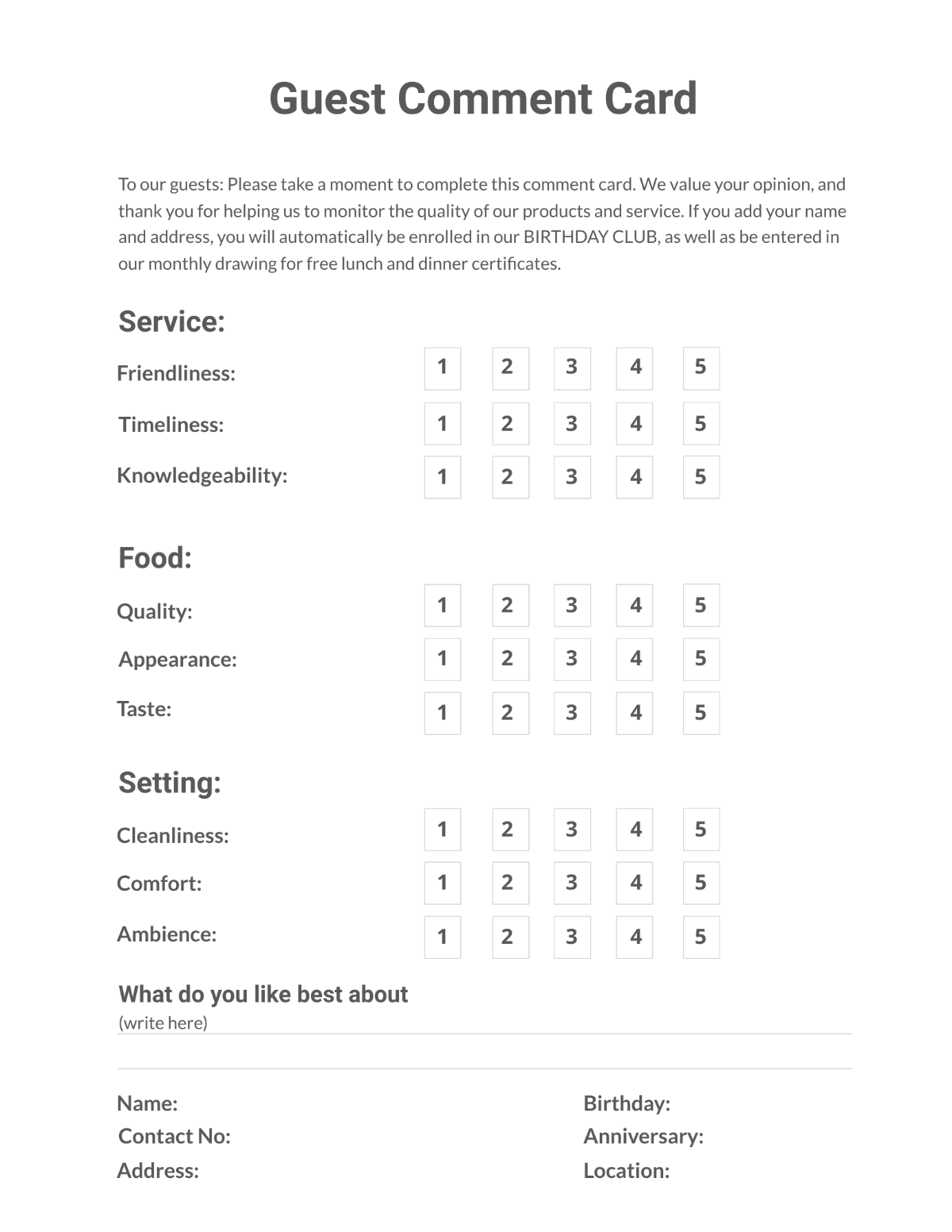 Free Guest Comment Card Template