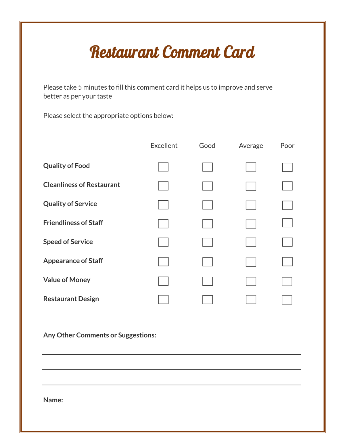 Free Restaurant Comment Card Template