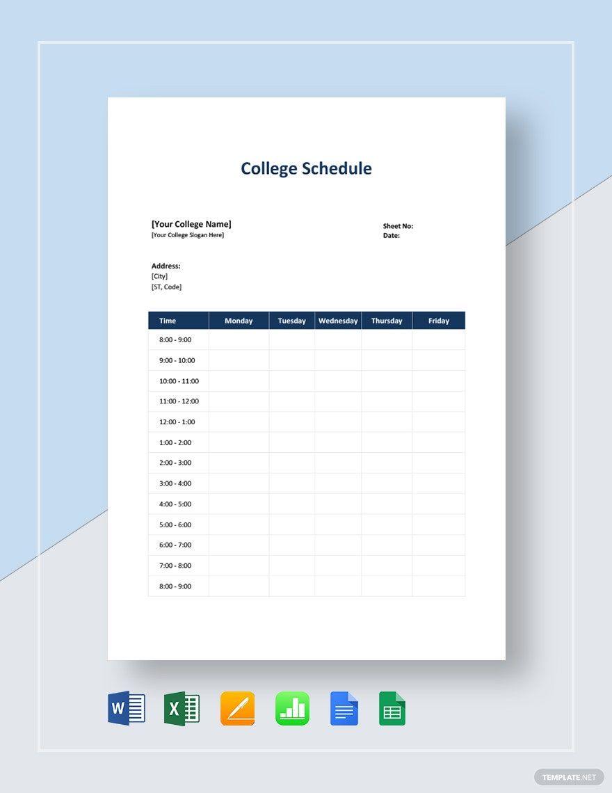 College Schedule Template in Word, Google Docs, Excel, Google Sheets, Apple Pages, Apple Numbers