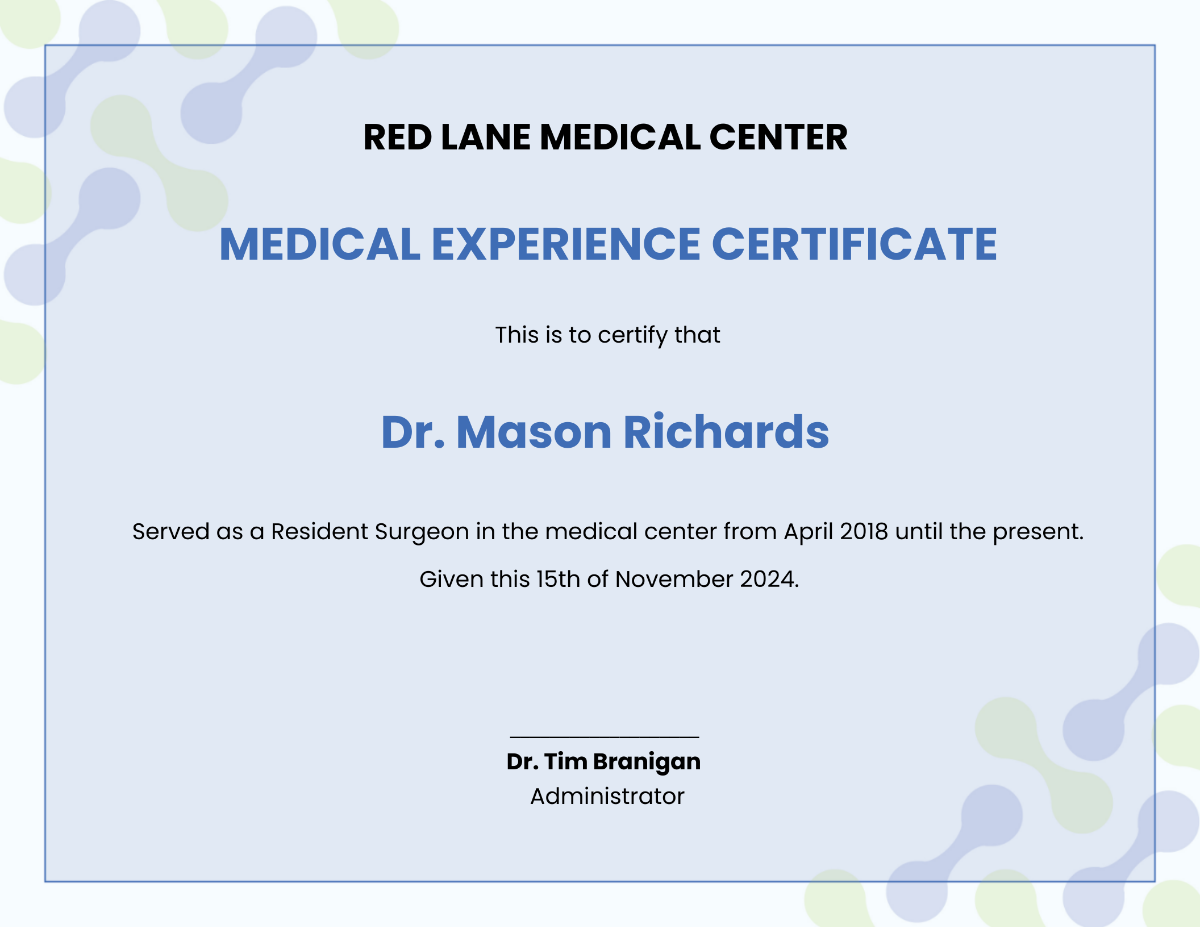 Medical Experience Certificate Template