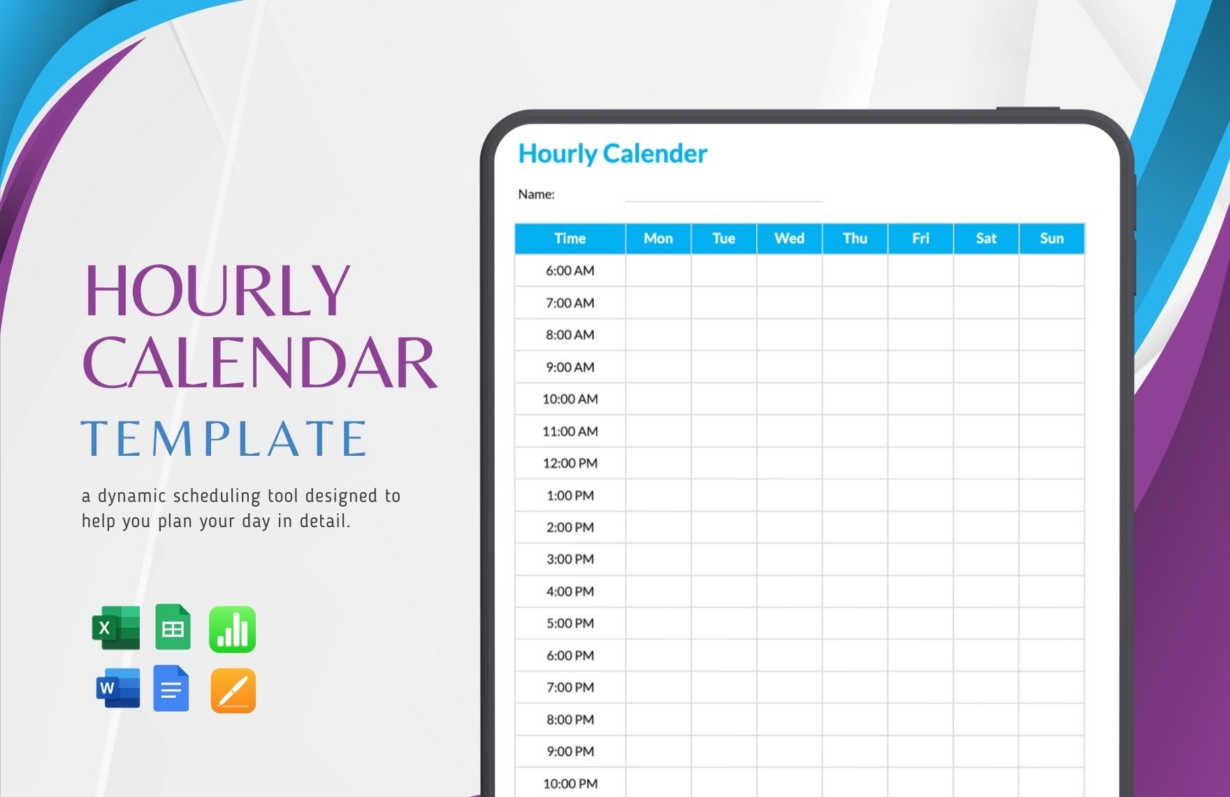 Hourly Calendar Template in Word, Google Docs, Excel, Google Sheets, Apple Pages, Apple Numbers