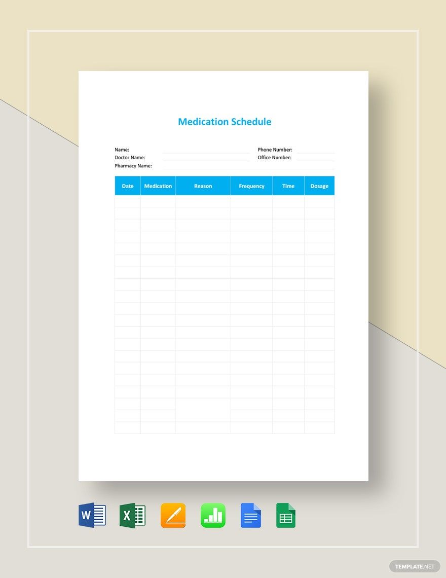 Medication Schedule Template in Word, Google Docs, Excel, Google Sheets, Apple Pages, Apple Numbers