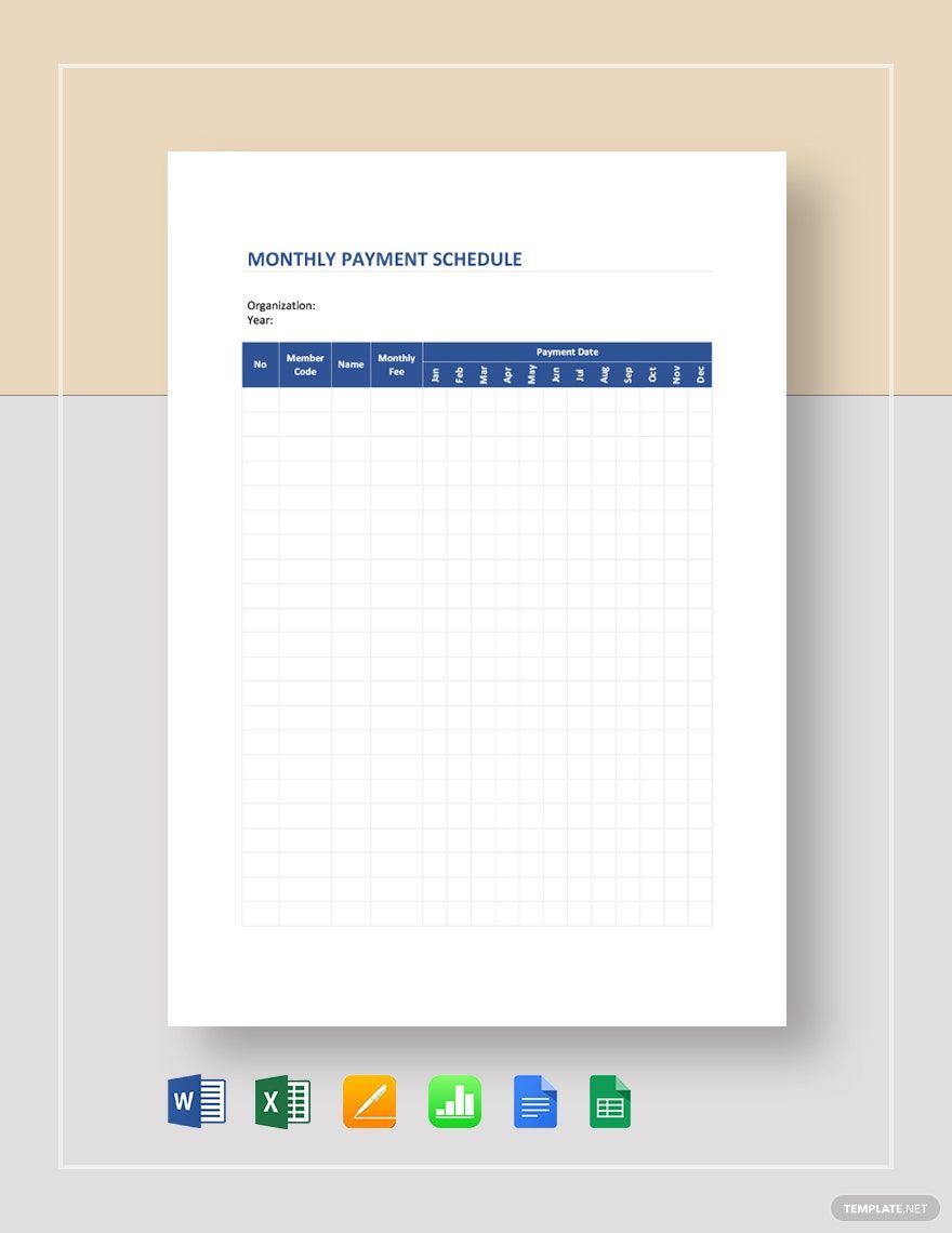 Monthly Payment Schedule Google Docs Google Sheets Excel Word Apple Numbers Apple Pages 