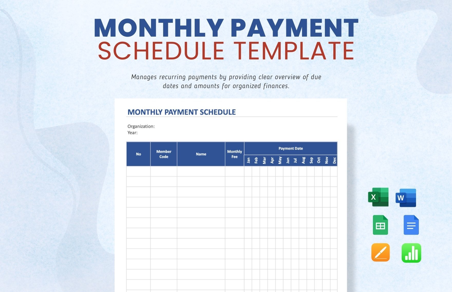 Monthly Payment Schedule Template in Word, Google Docs, Excel, Google Sheets, Apple Pages, Apple Numbers