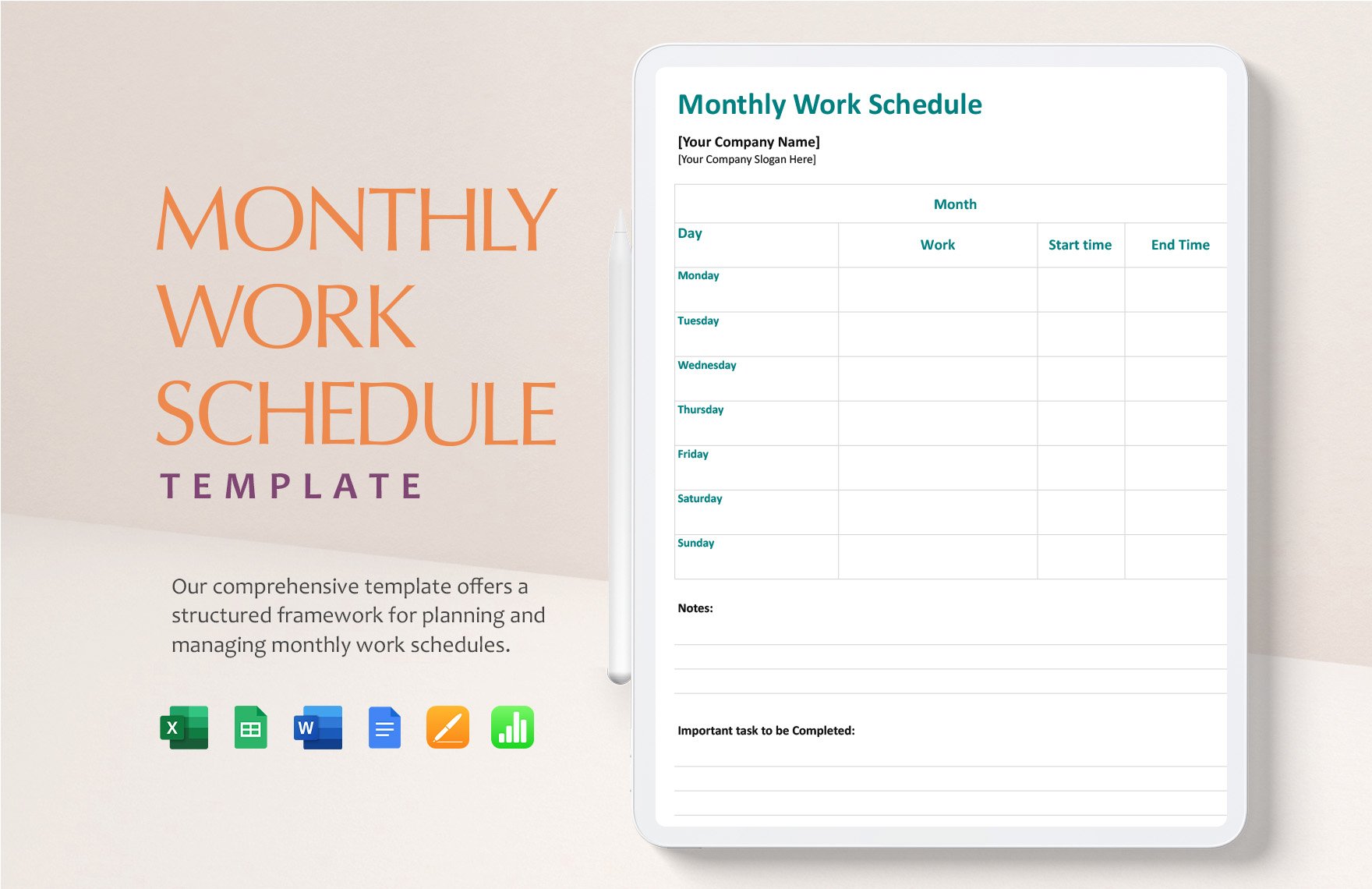 Monthly Work Schedule Template in Word, Google Docs, Excel, Google Sheets, Apple Pages, Apple Numbers