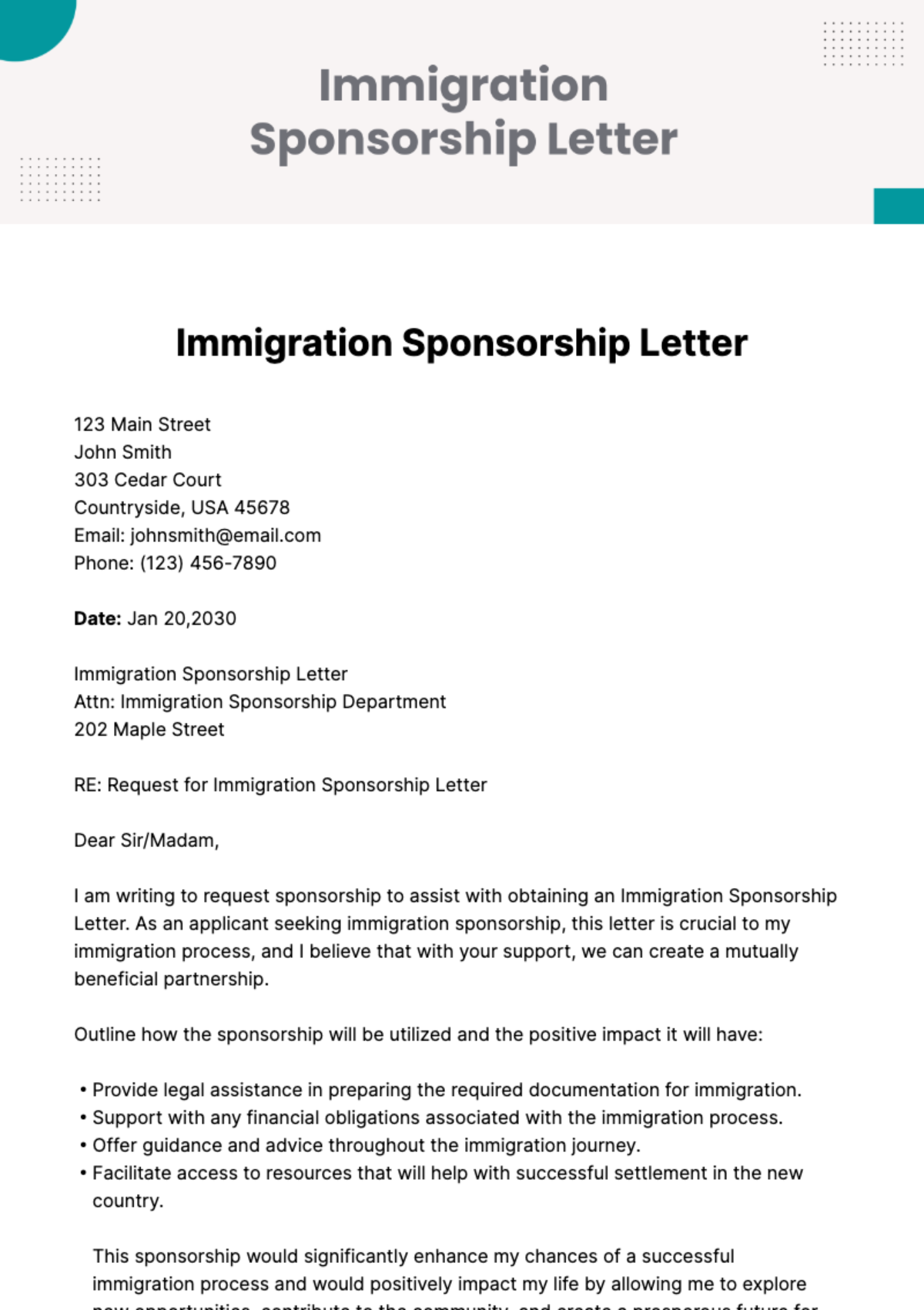Free Immigration Sponsorship Letter Template