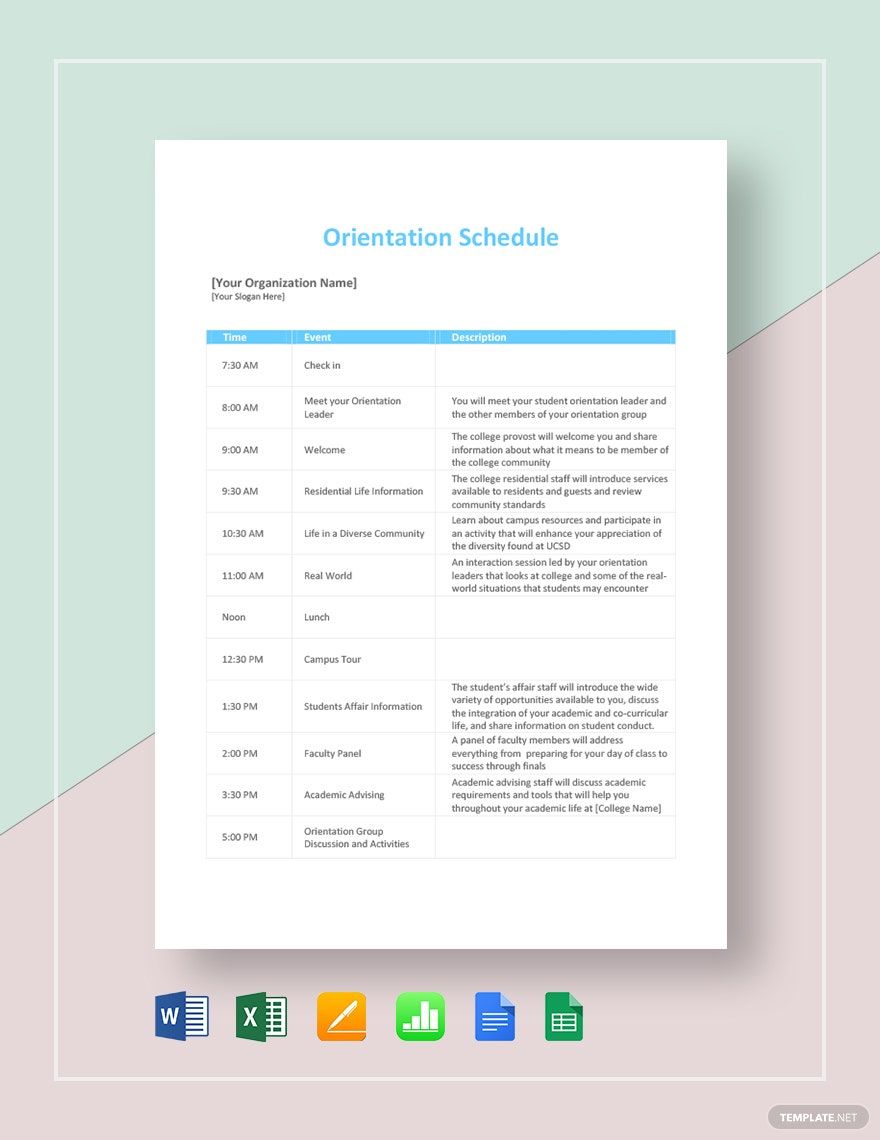 Orientation Schedule Template in Word, Google Docs, Excel, PDF, Google Sheets, Apple Pages, Apple Numbers