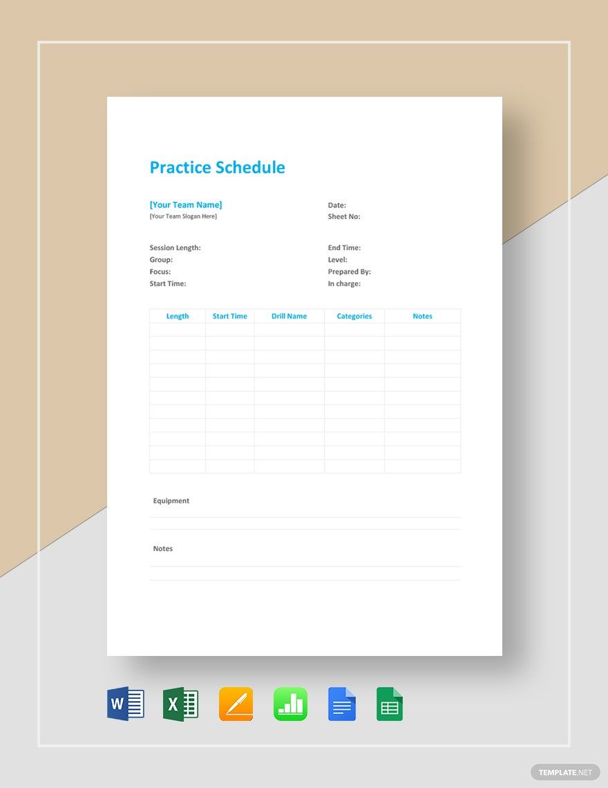 Practice Schedule Template in Word, Google Docs, Excel, Google Sheets, Apple Pages, Apple Numbers