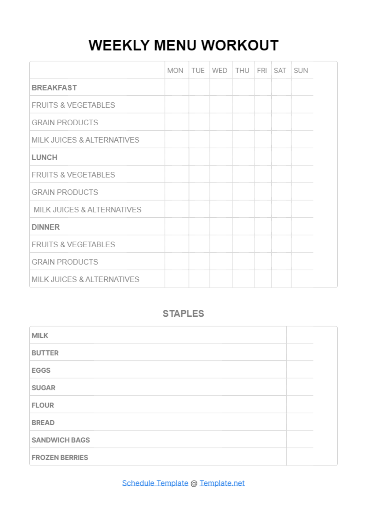 Weekly Menu Workout Schedule Template