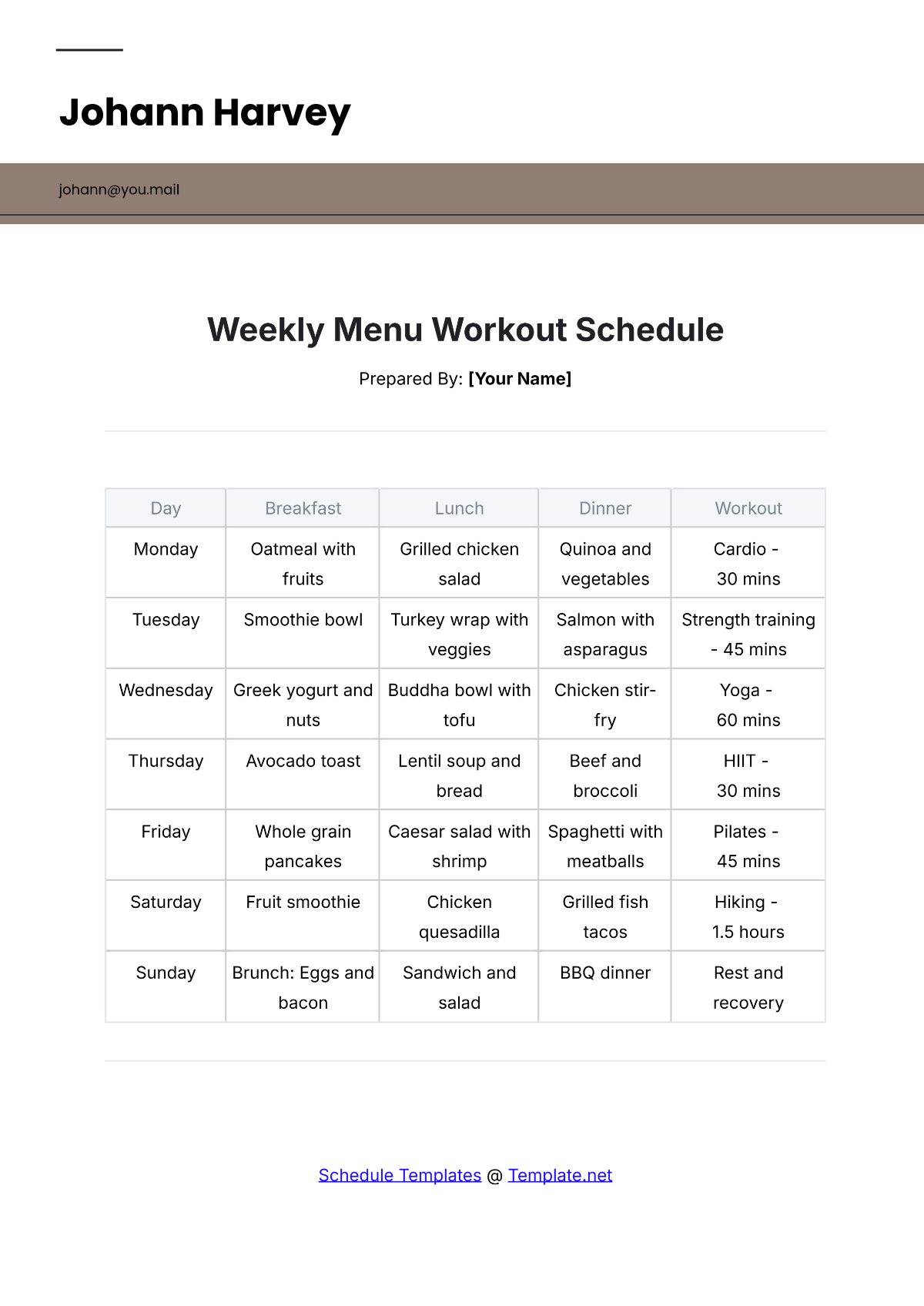 Free Weekly Menu Workout Schedule Template