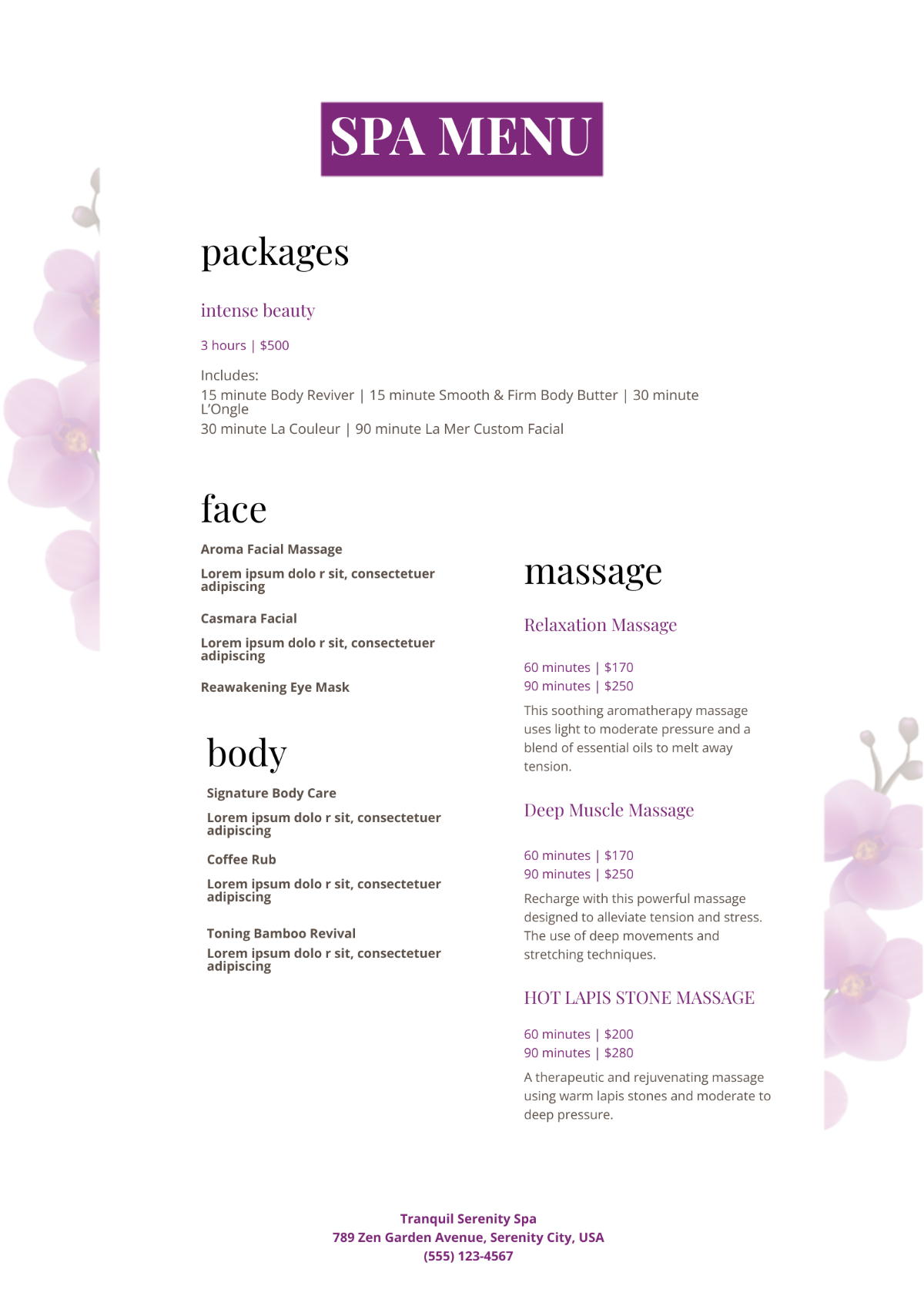 Spa Menu