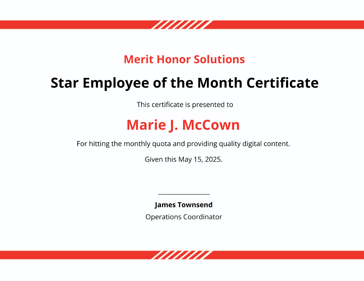 Star Employee of the Month Certificate