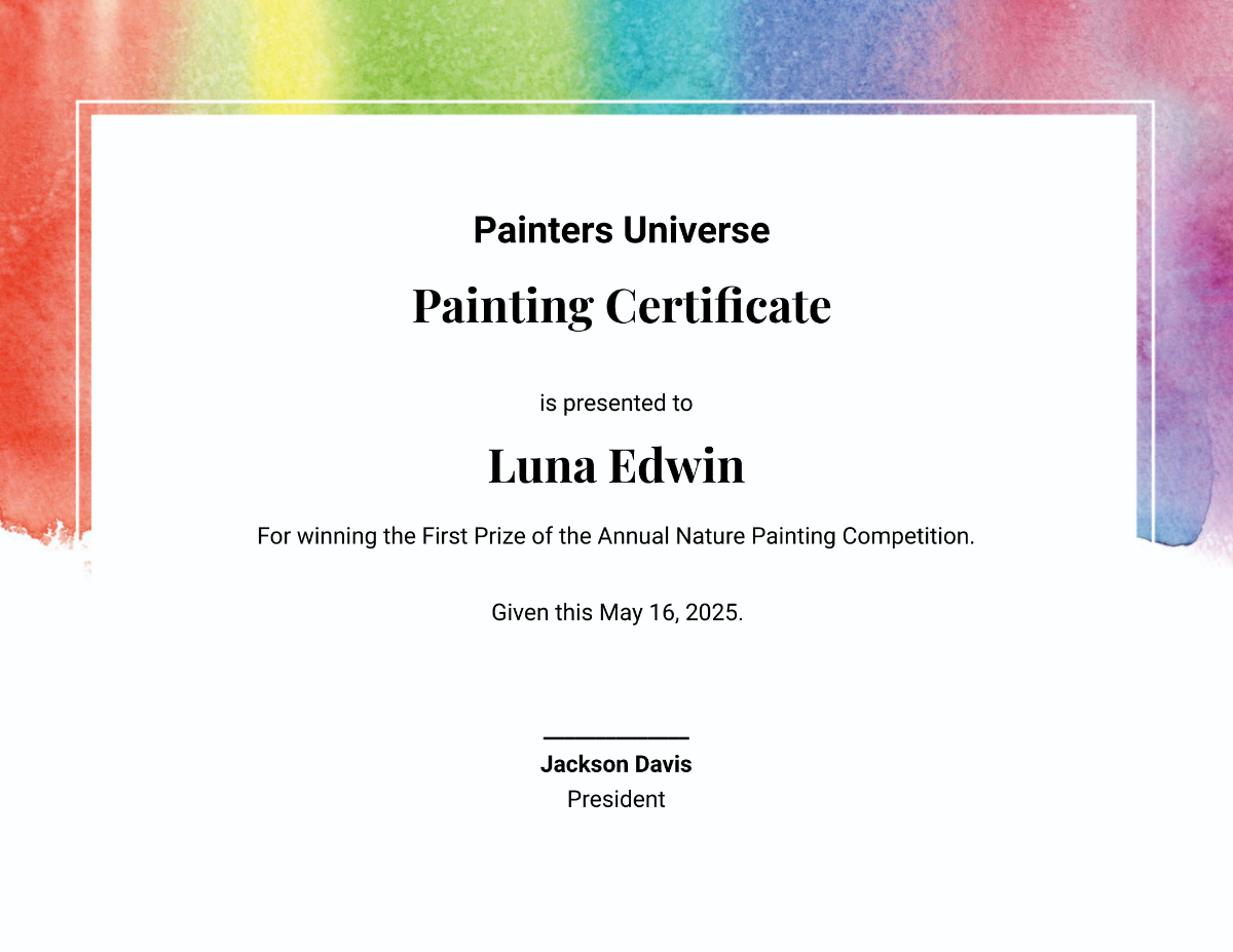 Sample Painting Award Certificate