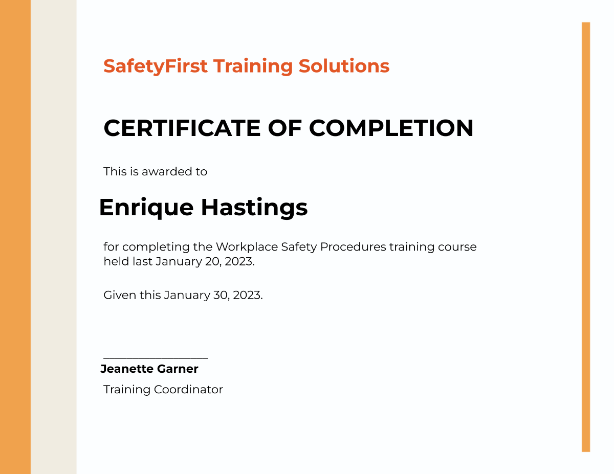 Safety Training Certificate