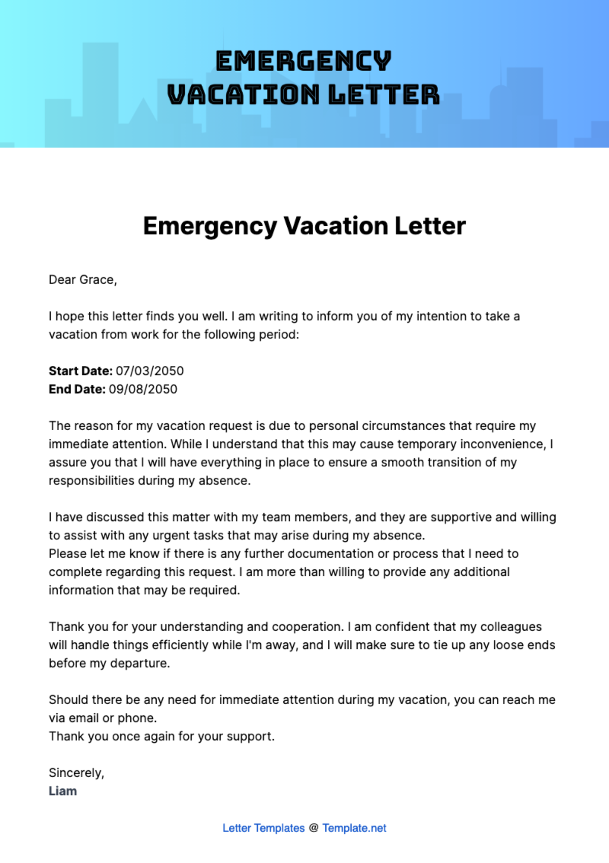 Free Emergency Vacation Letter Template