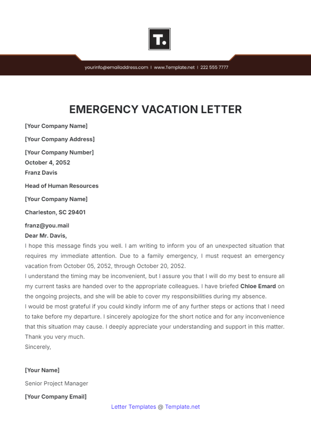 Emergency Vacation Letter Template