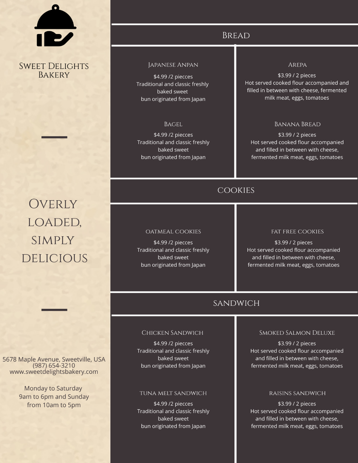 Elegant Bakery Menu