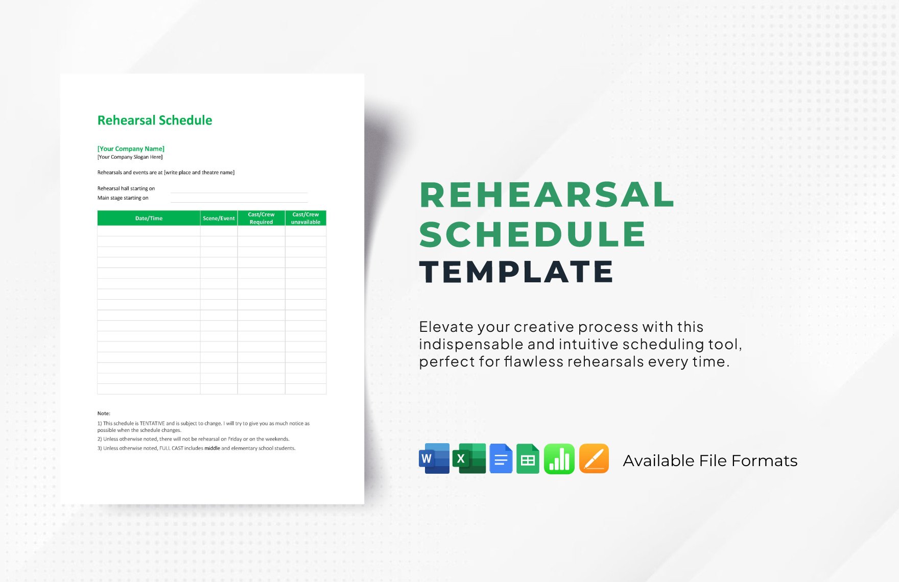 Rehearsal Schedule Template in Word, Google Docs, Excel, Google Sheets, Apple Pages, Apple Numbers