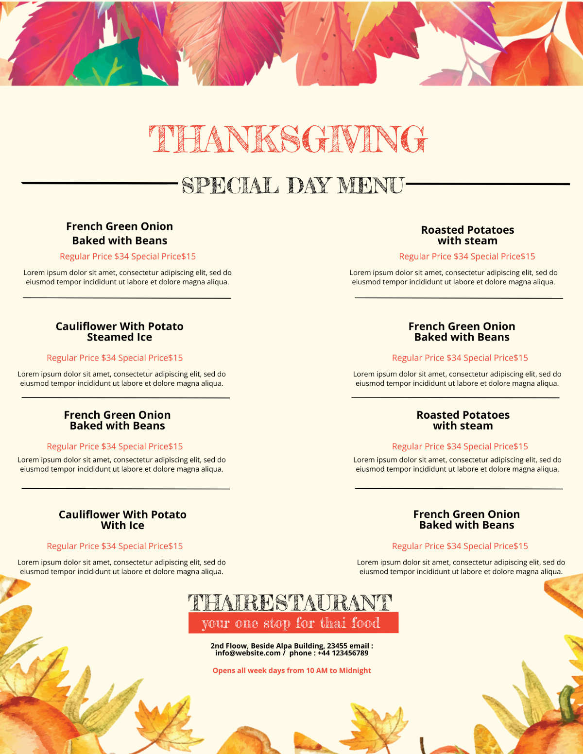 Simple Thanksgiving Menu Template