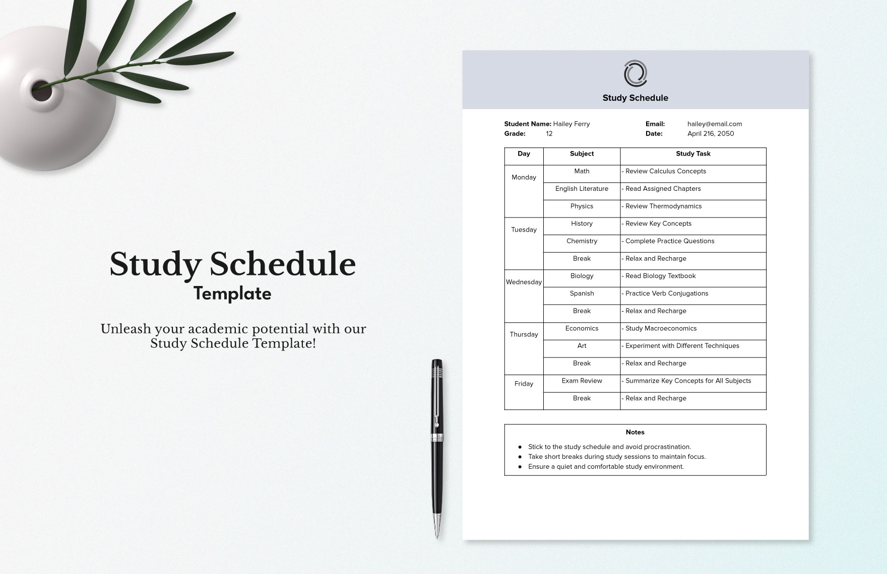 Study Schedule Template in Pages, Excel, Numbers, Google Sheets, Word ...