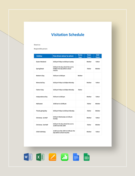 Visitation Schedule Template - 15+ Word, Excel, PDF Format Download Visitation Schedule Template - 15+ Word, Excel, PDF Format Download