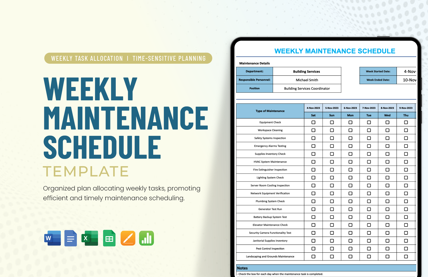 Weekly Maintenance Schedule Template