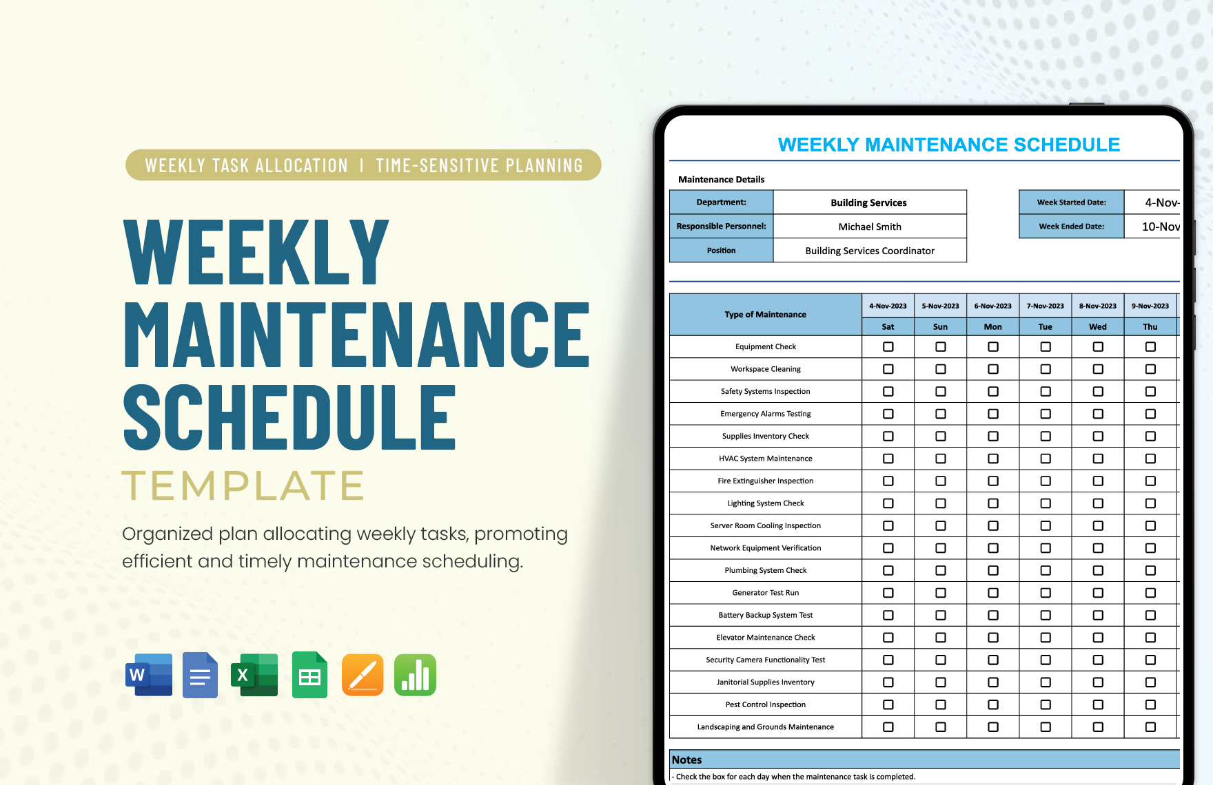 Weekly Maintenance Schedule Template In Numbers Pages Word Google 