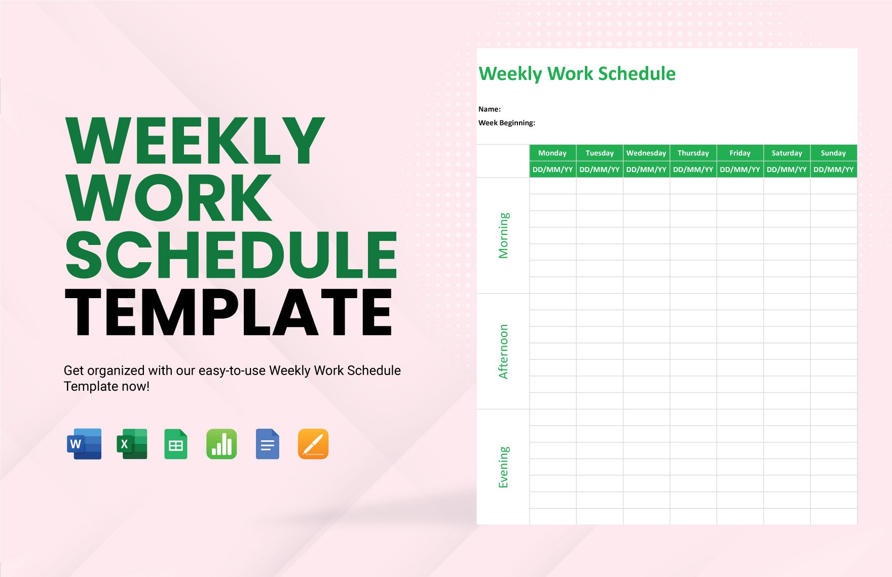 Weekly Work Schedule Template in Word, Google Docs, Excel, Google Sheets, Apple Pages, Apple Numbers
