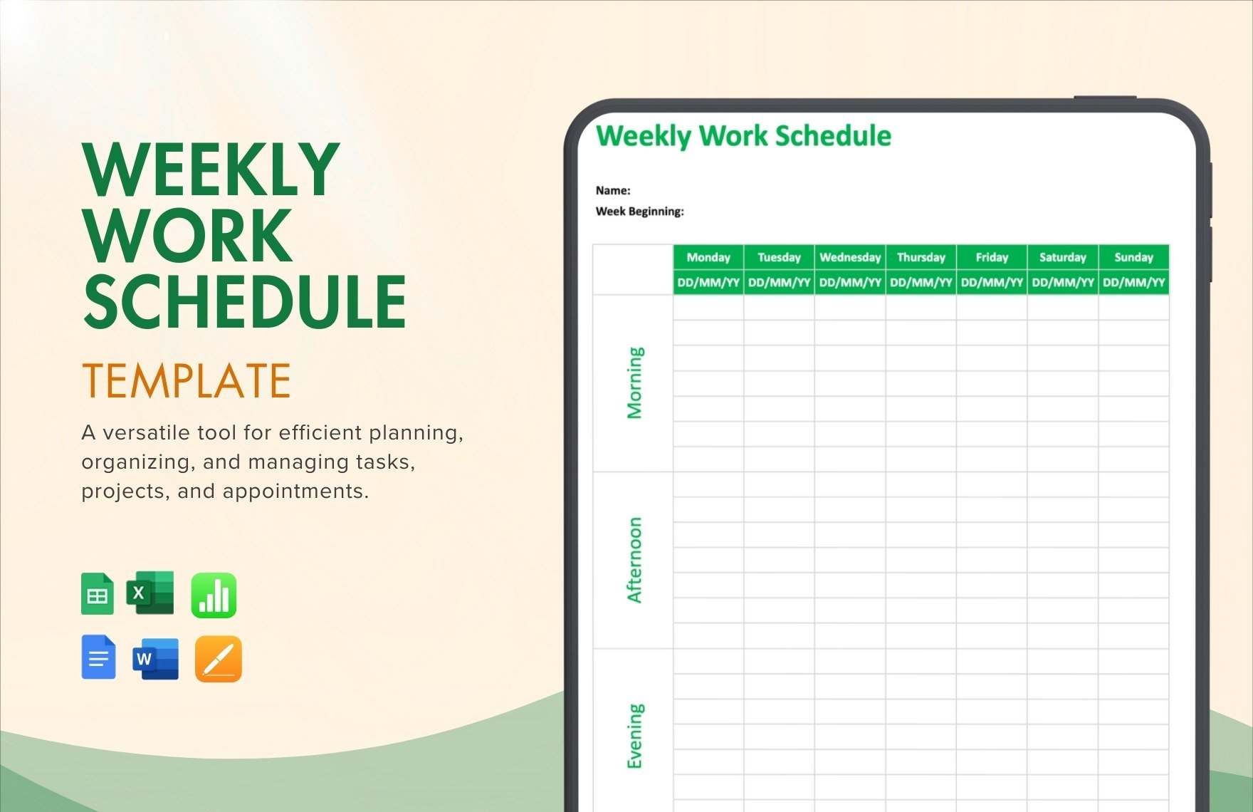 Weekly Work Schedule Template in Word, Google Docs, Excel, Google Sheets, Apple Pages, Apple Numbers