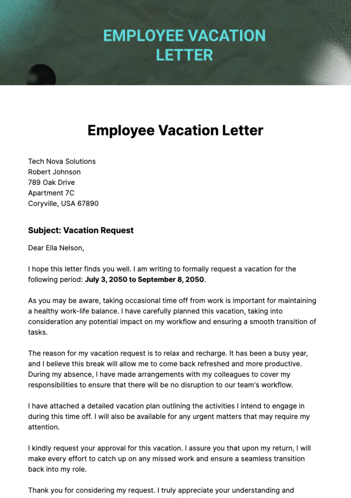 Employee Vacation Letter Template
