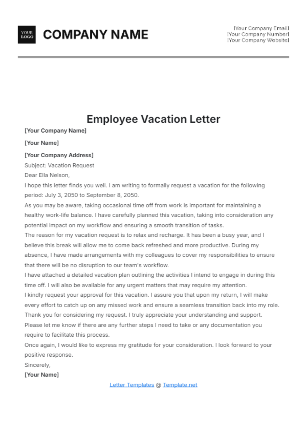 Employee Vacation Letter Template - Edit Online & Download Example ...