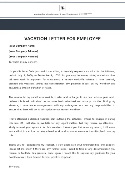 Free Vacation Letter for Employee Template to Edit Online
