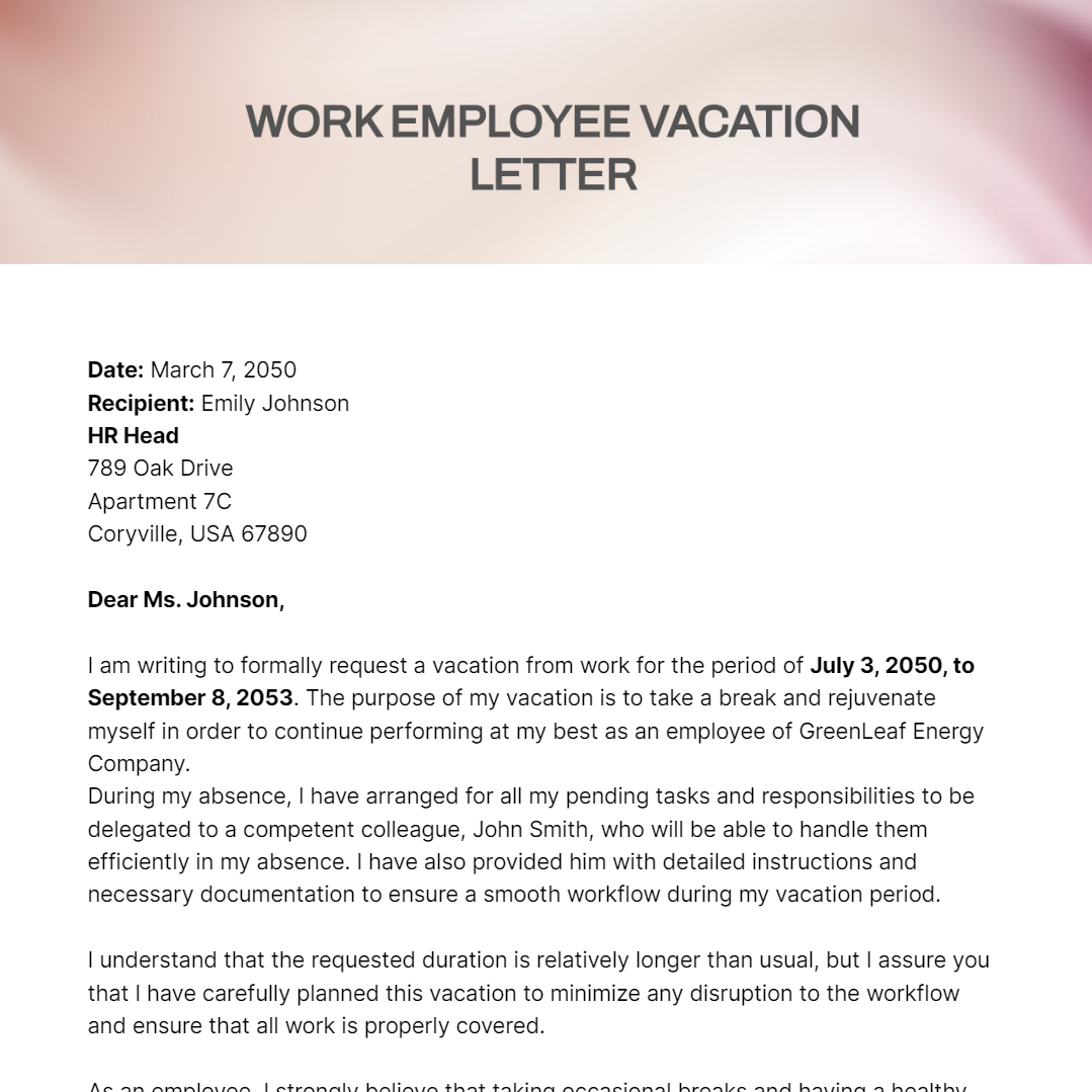 Work Employee Vacation Letter Template