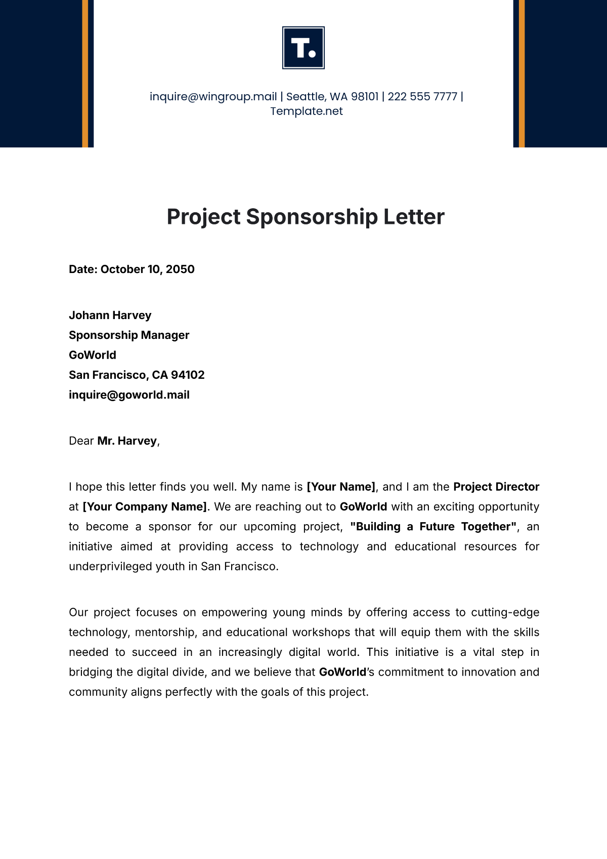 Project Sponsorship Letter Template - Edit Online & Download