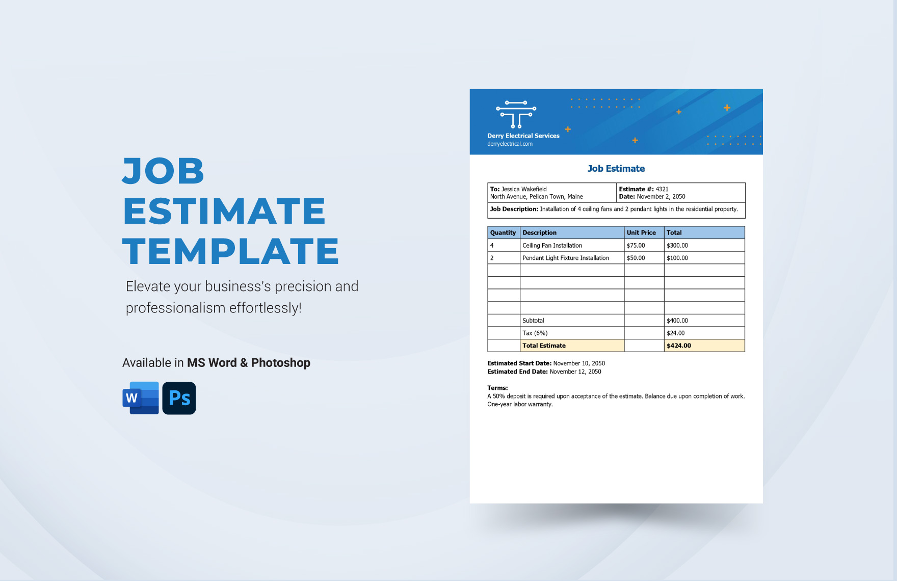 Job Estimate Template in Word, Photoshop - Download | Template.net