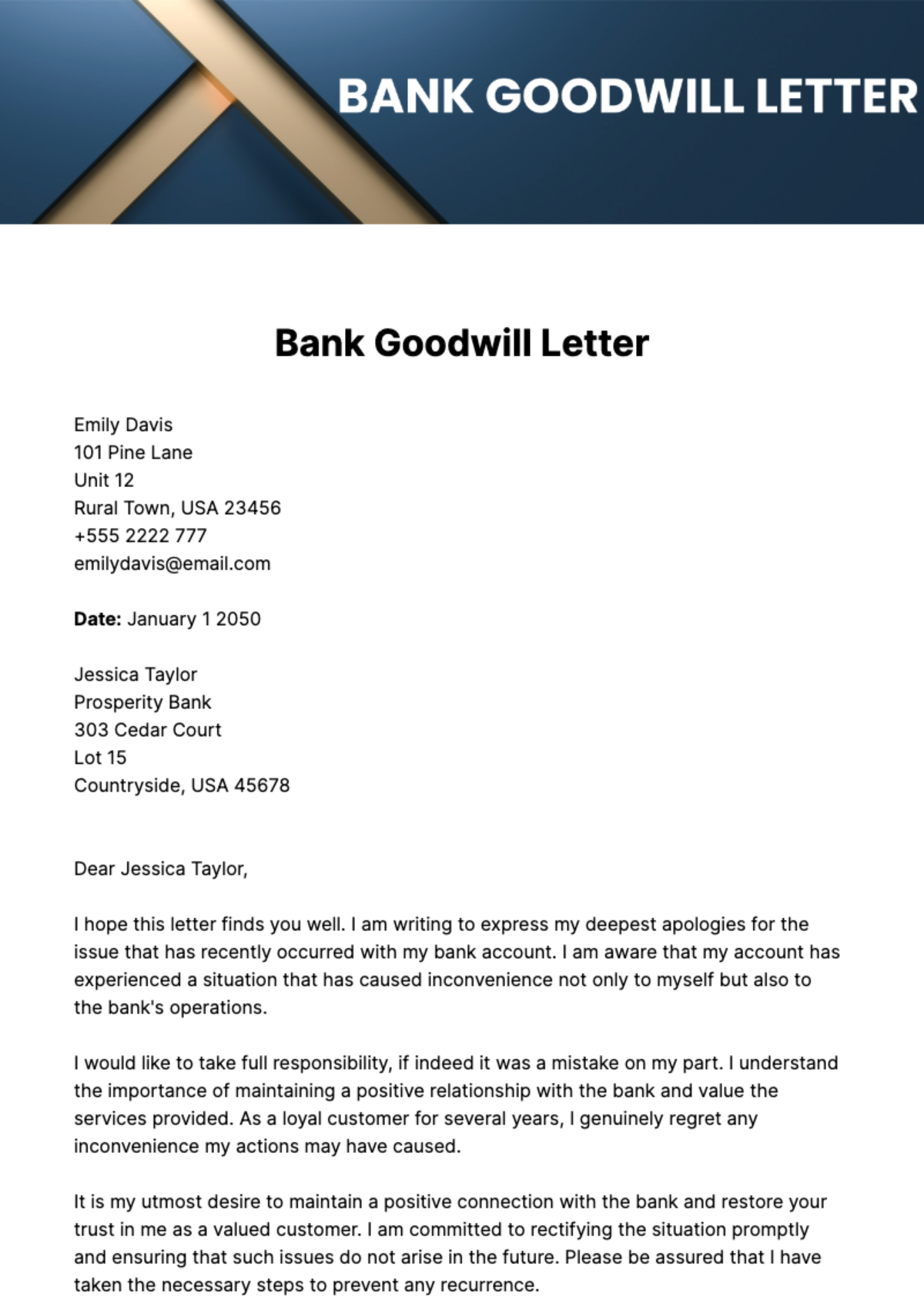 Free Bank Goodwill Letter Template