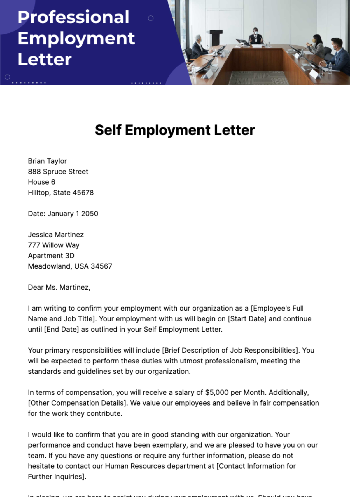 Self Employment Letter Template