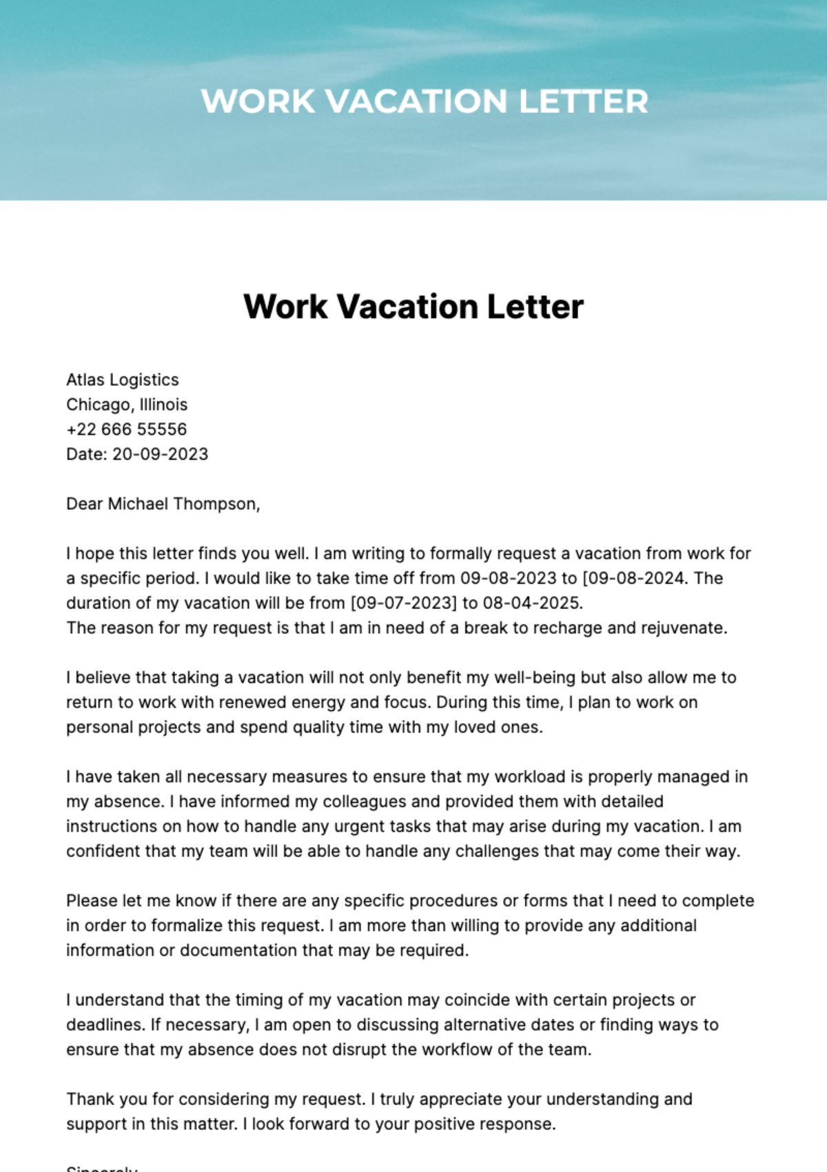 Work Vacation Letter Template