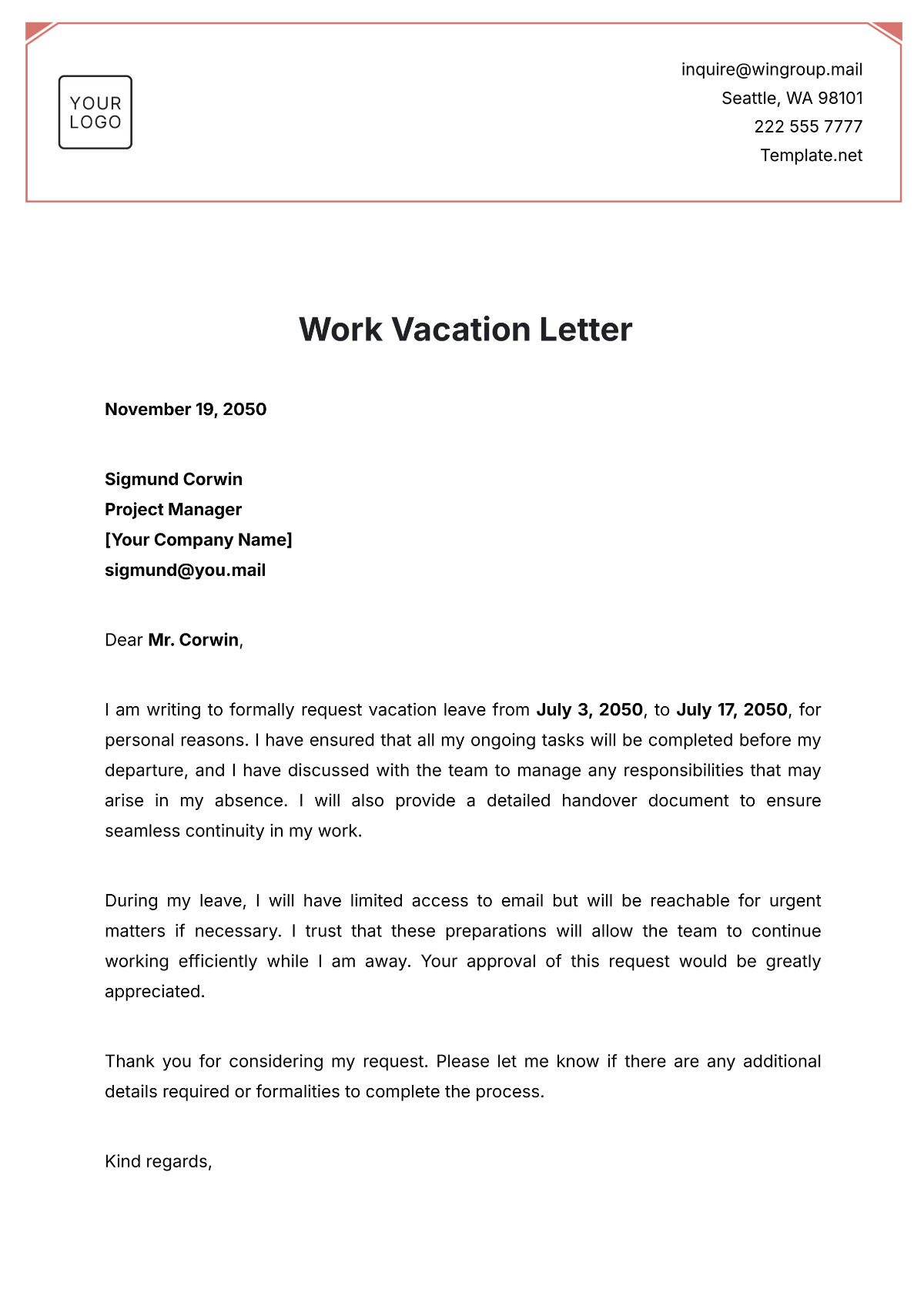 Work Vacation Letter Template - Edit Online & Download