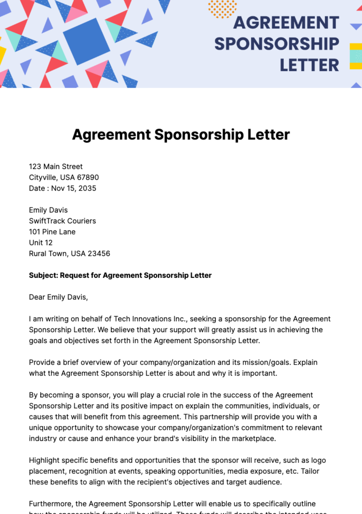 Free Agreement Sponsorship Letter Template